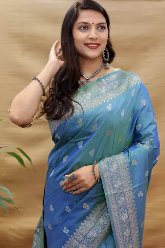 Sky blue banarasi silk blend saree with silver zari weaving