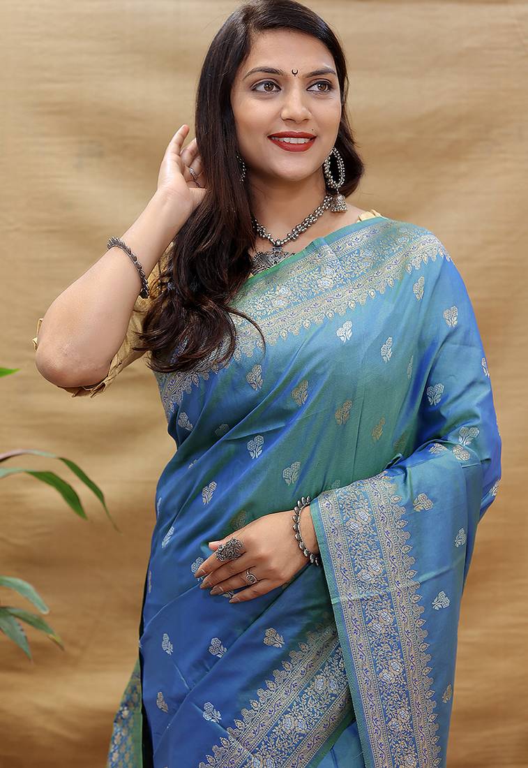 Sky blue banarasi silk blend saree with silver zari weaving