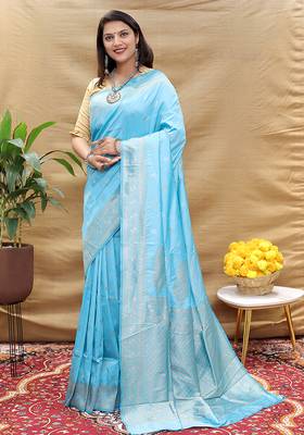 Sky blue banarasi silk blend saree with silver zari weaving 1