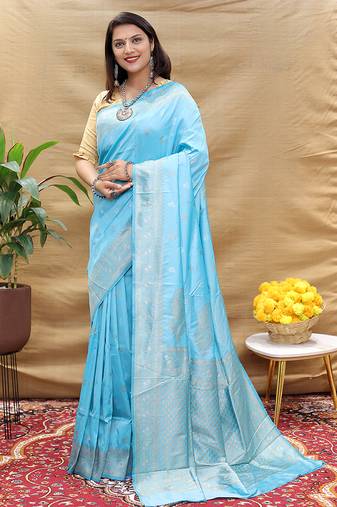 Sky blue banarasi silk blend saree with silver zari weaving