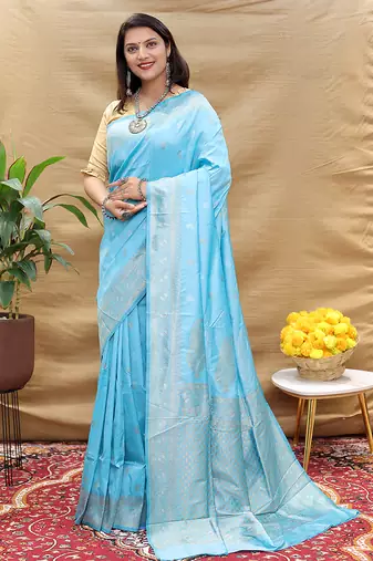 Sky blue banarasi silk blend saree with silver zari weaving