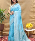 Sky blue banarasi silk blend saree with silver zari weaving
