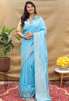 Sky blue banarasi silk blend saree with silver zari weaving 2