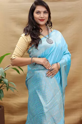 Sky blue banarasi silk blend saree with silver zari weaving