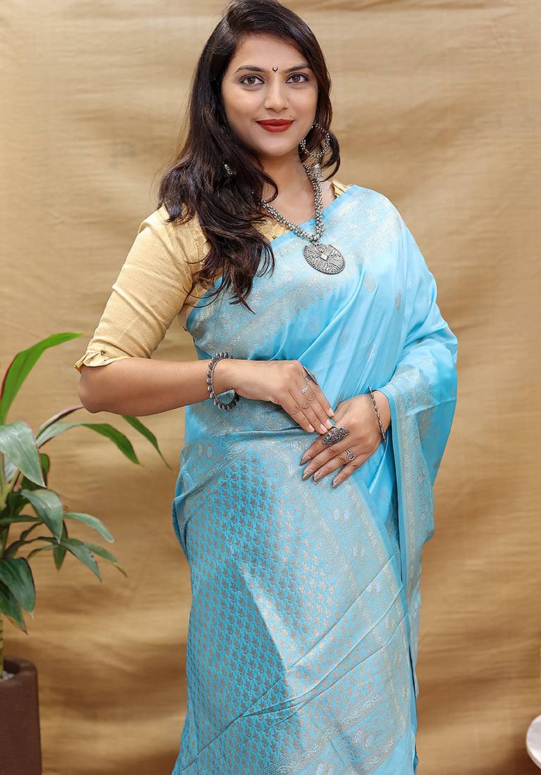 Sky blue banarasi silk blend saree with silver zari weaving