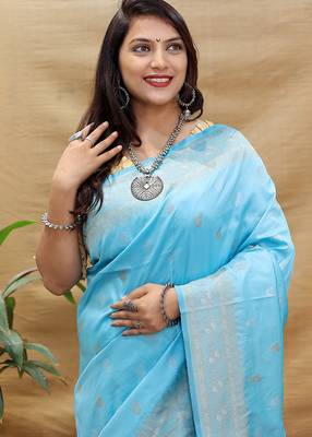 Sky blue banarasi silk blend saree with silver zari weaving 4