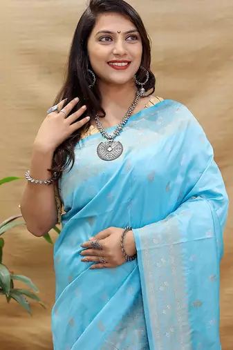 Sky blue banarasi silk blend saree with silver zari weaving