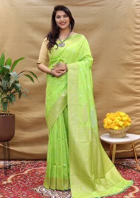 Lime green banarasi silk blend saree with silver zari weaving 1