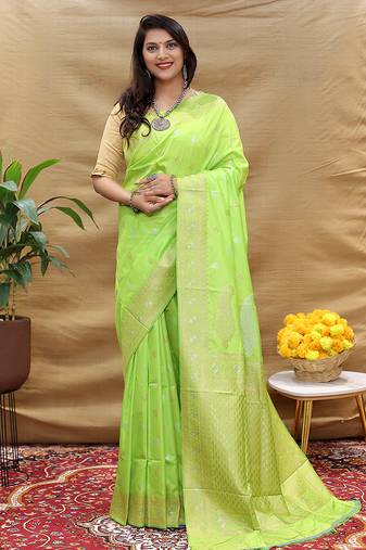 Lime green banarasi silk blend saree with silver zari weaving