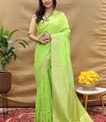 Lime green banarasi silk blend saree with silver zari weaving