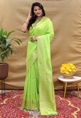 Lime green banarasi silk blend saree with silver zari weaving 2