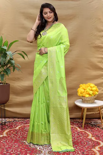 Lime green banarasi silk blend saree with silver zari weaving