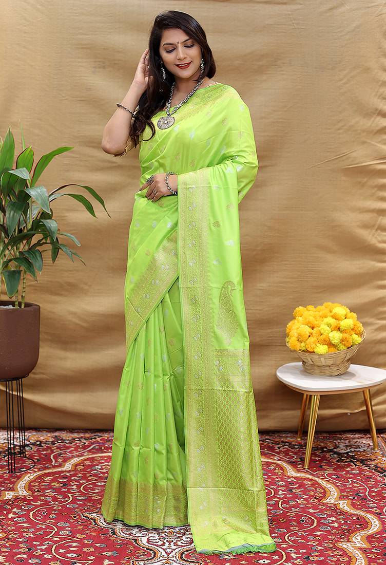 Lime green banarasi silk blend saree with silver zari weaving