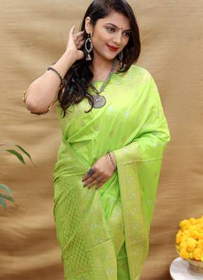 Lime green banarasi silk blend saree with silver zari weaving 3