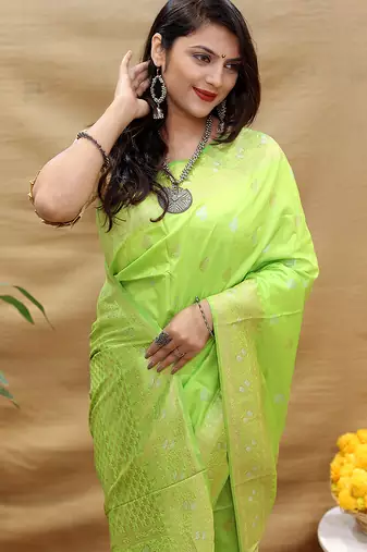 Lime green banarasi silk blend saree with silver zari weaving