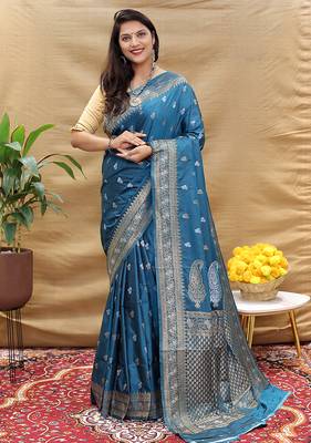 Teal blue banarasi silk blend saree with silver zari weaving 1