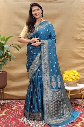 Teal blue banarasi silk blend saree with silver zari weaving