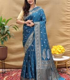Teal blue banarasi silk blend saree with silver zari weaving