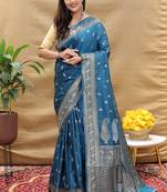 Teal blue banarasi silk blend saree with silver zari weaving