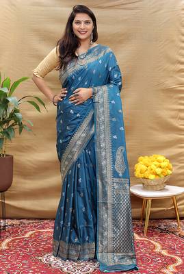 Teal blue banarasi silk blend saree with silver zari weaving 2