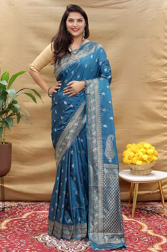 Teal blue banarasi silk blend saree with silver zari weaving