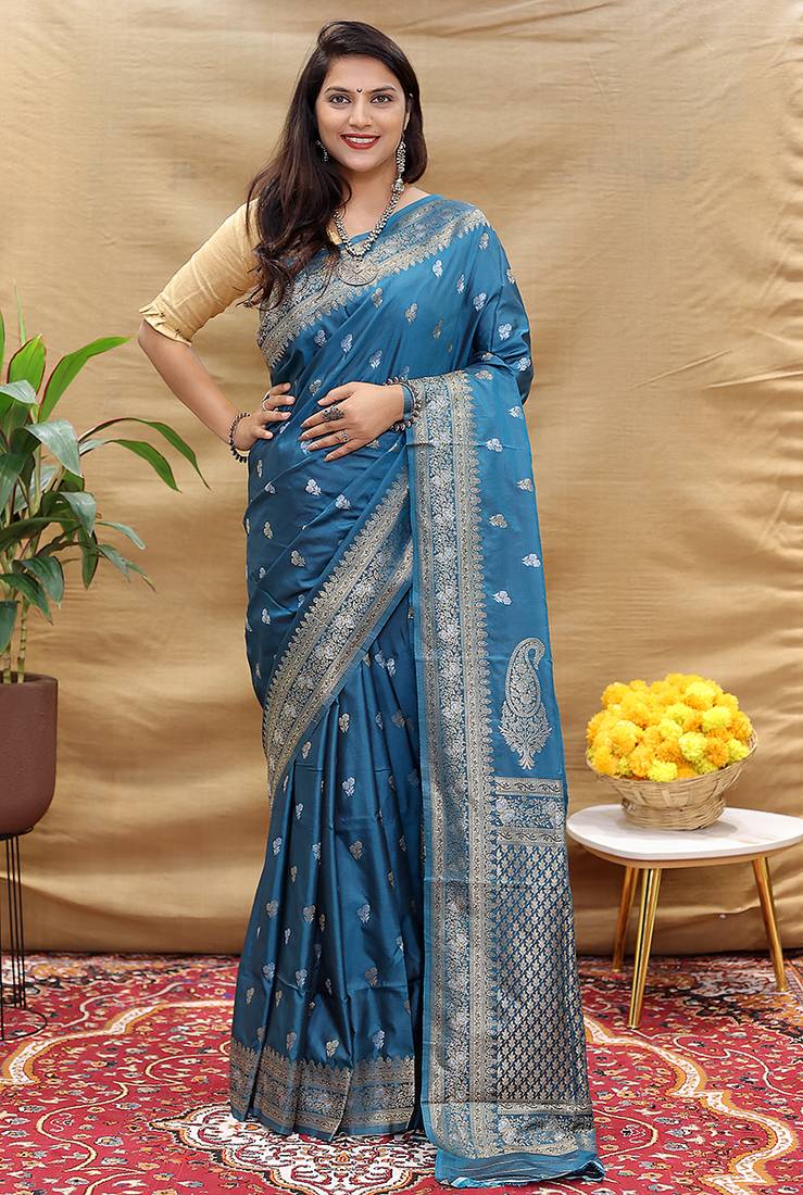 Teal blue banarasi silk blend saree with silver zari weaving