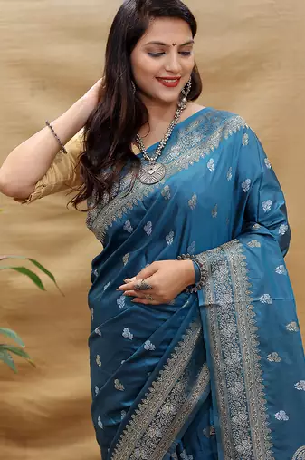 Teal blue banarasi silk blend saree with silver zari weaving
