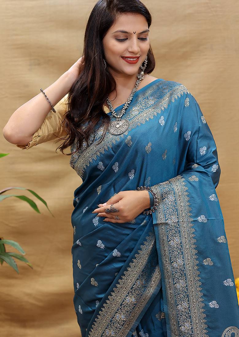 Teal blue banarasi silk blend saree with silver zari weaving