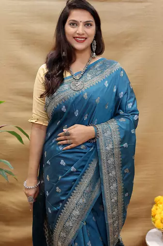 Teal blue banarasi silk blend saree with silver zari weaving