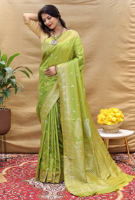 Light olive green banarasi silk blend saree with silver zari weaving 1