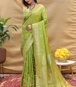 Light olive green banarasi silk blend saree with silver zari weaving