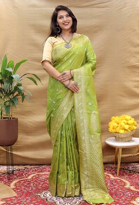 Light olive green banarasi silk blend saree with silver zari weaving 2