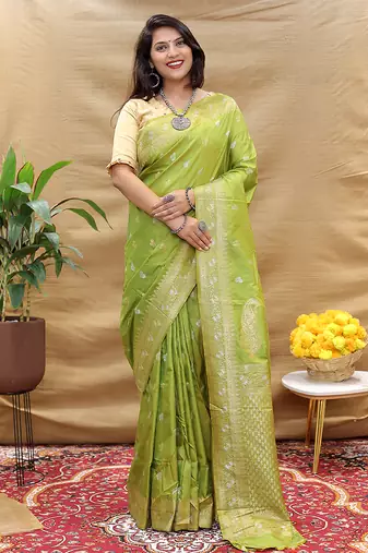 Light olive green banarasi silk blend saree with silver zari weaving