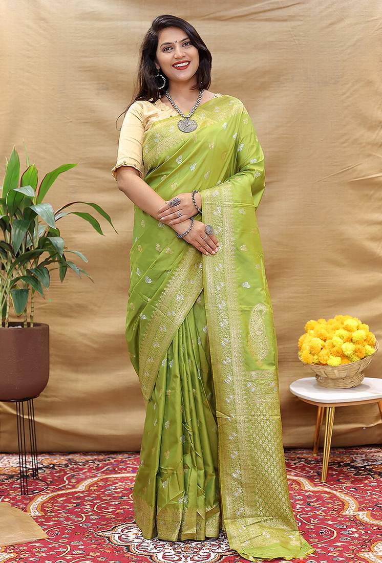 Light olive green banarasi silk blend saree with silver zari weaving