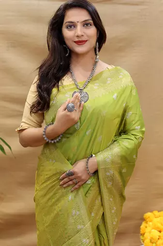 Light olive green banarasi silk blend saree with silver zari weaving