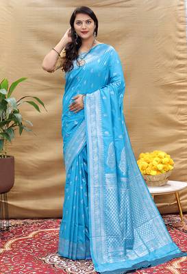 Sky blue banarasi silk blend saree with silver zari weaving 1