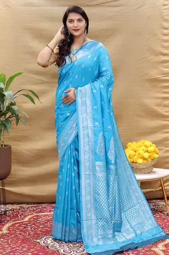 Sky blue banarasi silk blend saree with silver zari weaving