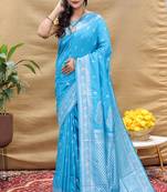 Sky blue banarasi silk blend saree with silver zari weaving