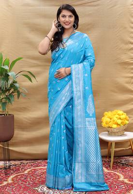 Sky blue banarasi silk blend saree with silver zari weaving 2