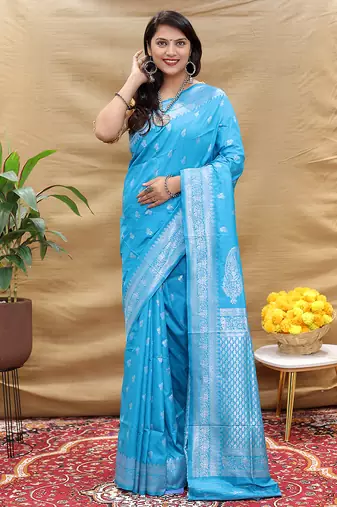Sky blue banarasi silk blend saree with silver zari weaving
