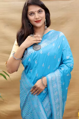 Sky blue banarasi silk blend saree with silver zari weaving