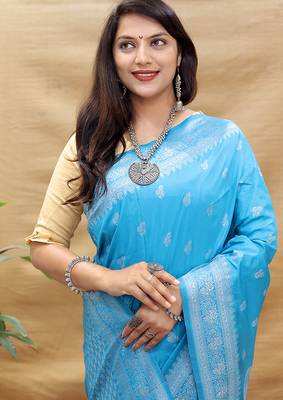 Sky blue banarasi silk blend saree with silver zari weaving 4