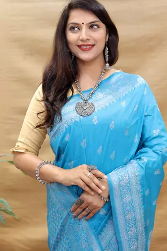 Sky blue banarasi silk blend saree with silver zari weaving