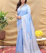 Light lavender banarasi silk blend saree with silver zari weaving