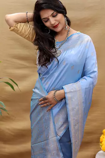 Light lavender banarasi silk blend saree with silver zari weaving
