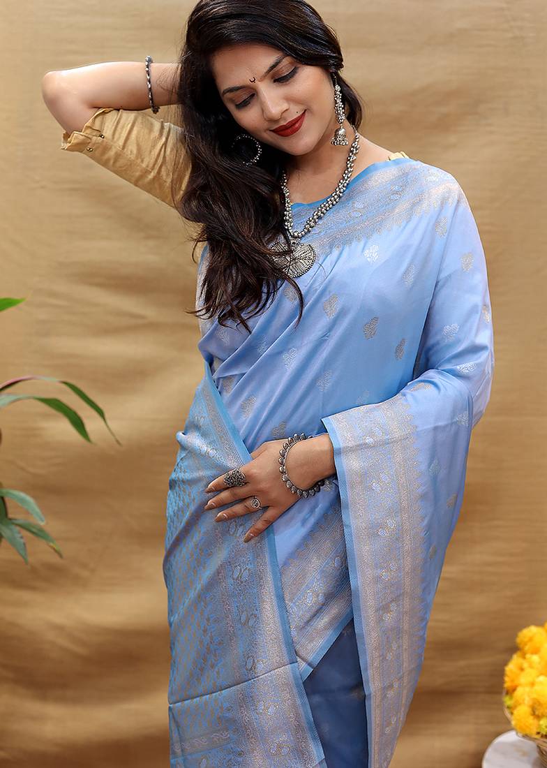 Light lavender banarasi silk blend saree with silver zari weaving