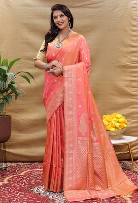 Peach coral banarasi silk blend saree with silver zari weaving 1