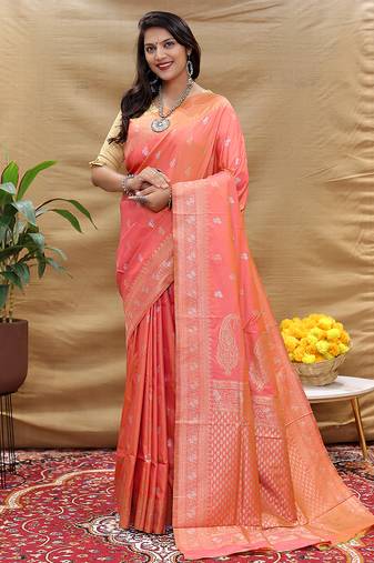 Peach coral banarasi silk blend saree with silver zari weaving
