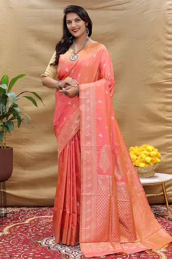 Peach coral banarasi silk blend saree with silver zari weaving