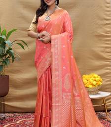 Peach coral banarasi silk blend saree with silver zari weaving